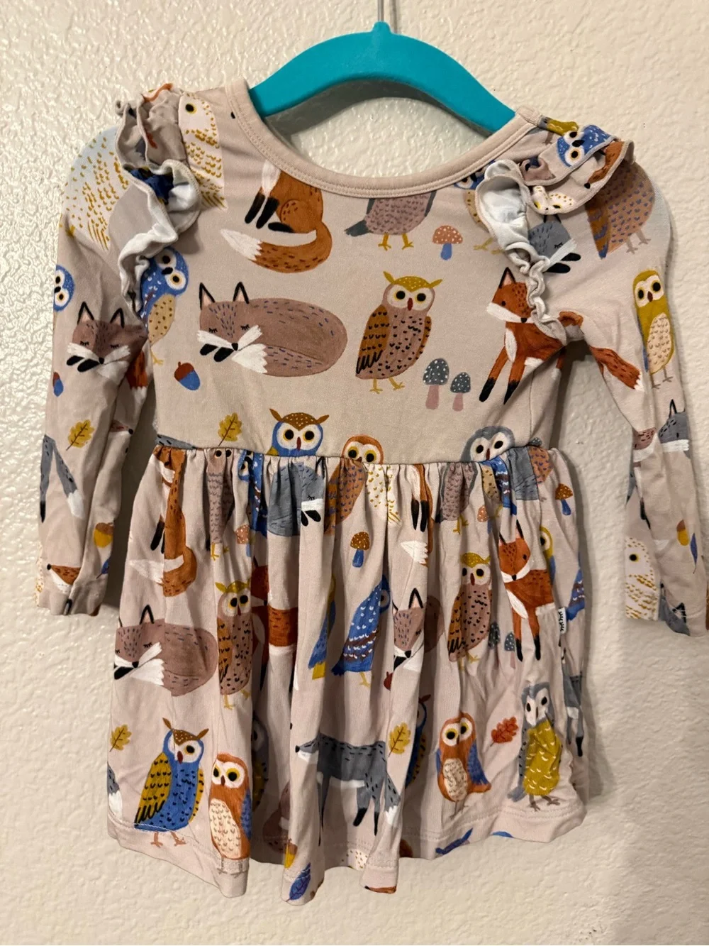 Girls Beige Woodland Animal Print Long-Sleeve Dress